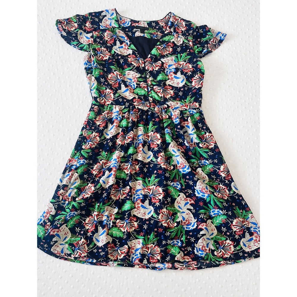 J.Crew Navy Floral Flutter Sleeve Fit & Flare Dress Size 2 Cottagecore Boho - Picture 2 of 10